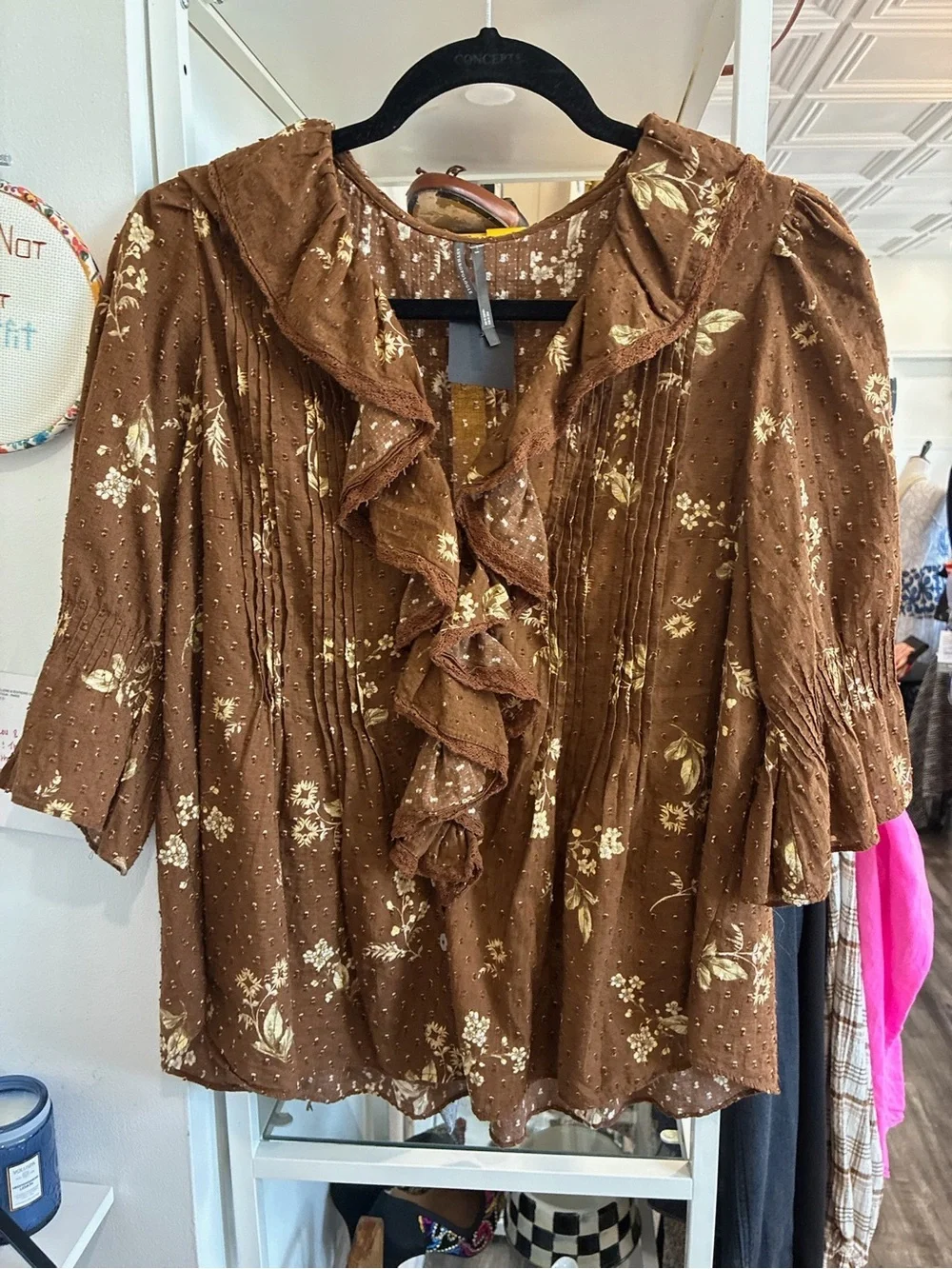 Anthropologie Brown Floral Ruffle Front Blouse